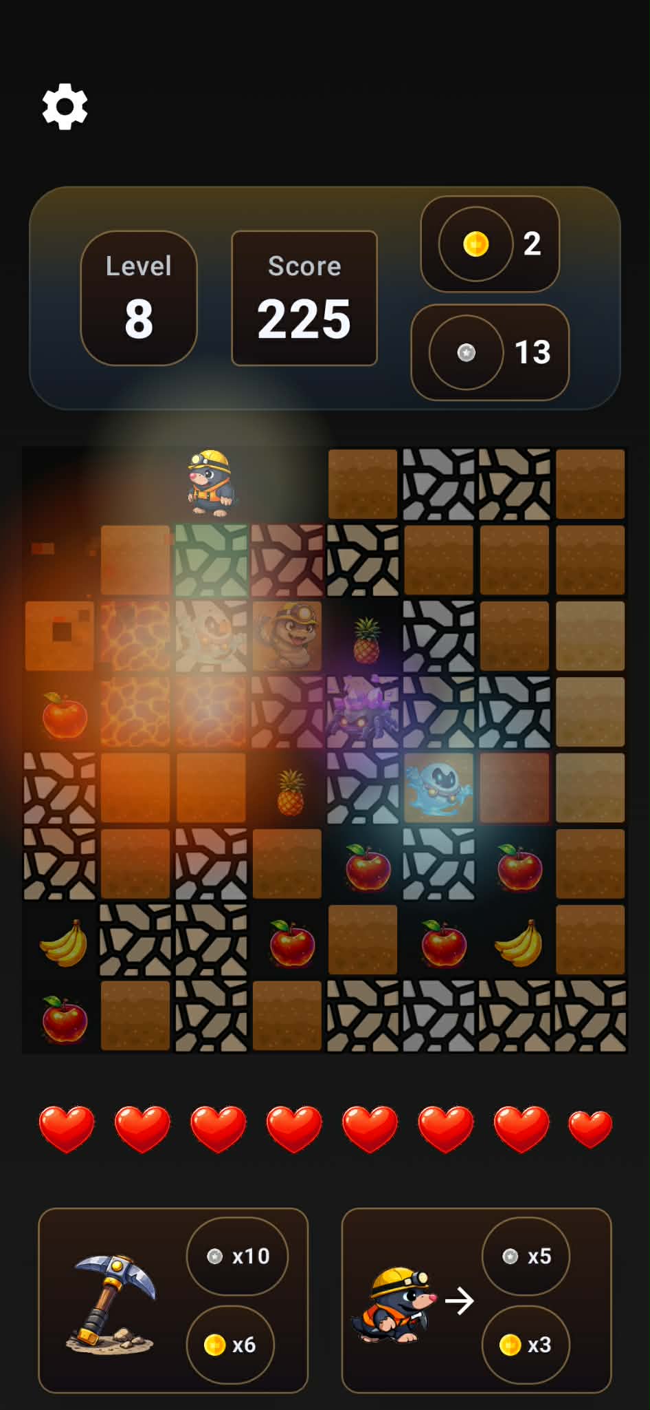 Level 8 in progress: the mole's headlamp lights part of the grid, a snake
                  and a crystal bug sit near lava, and eight hearts are showing.