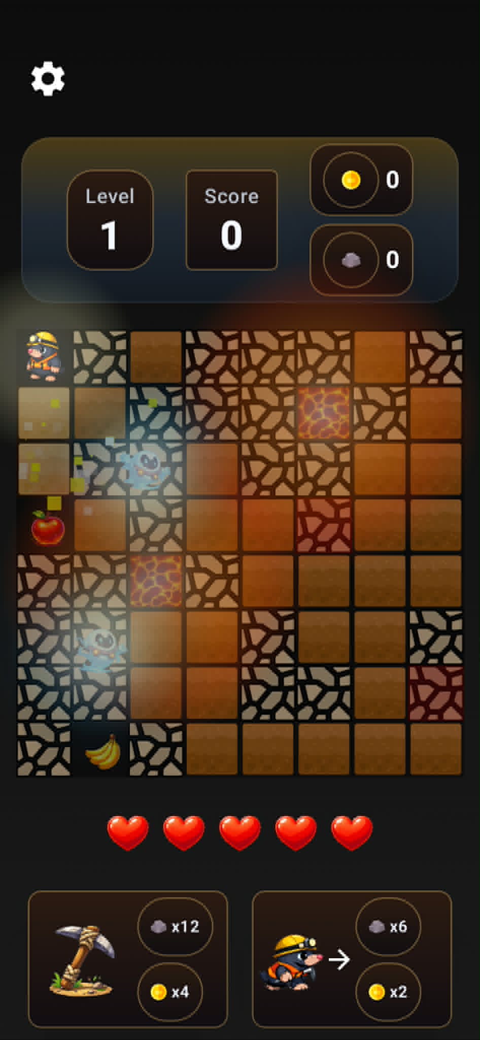 The Drill Run board: a mole in a miner's helmet on an eight-by-eight
                      grid of dirt, stone and ore tiles, with a ghost, a snake, lava and
                      scattered fruit. Level and score sit above the grid, hearts below.